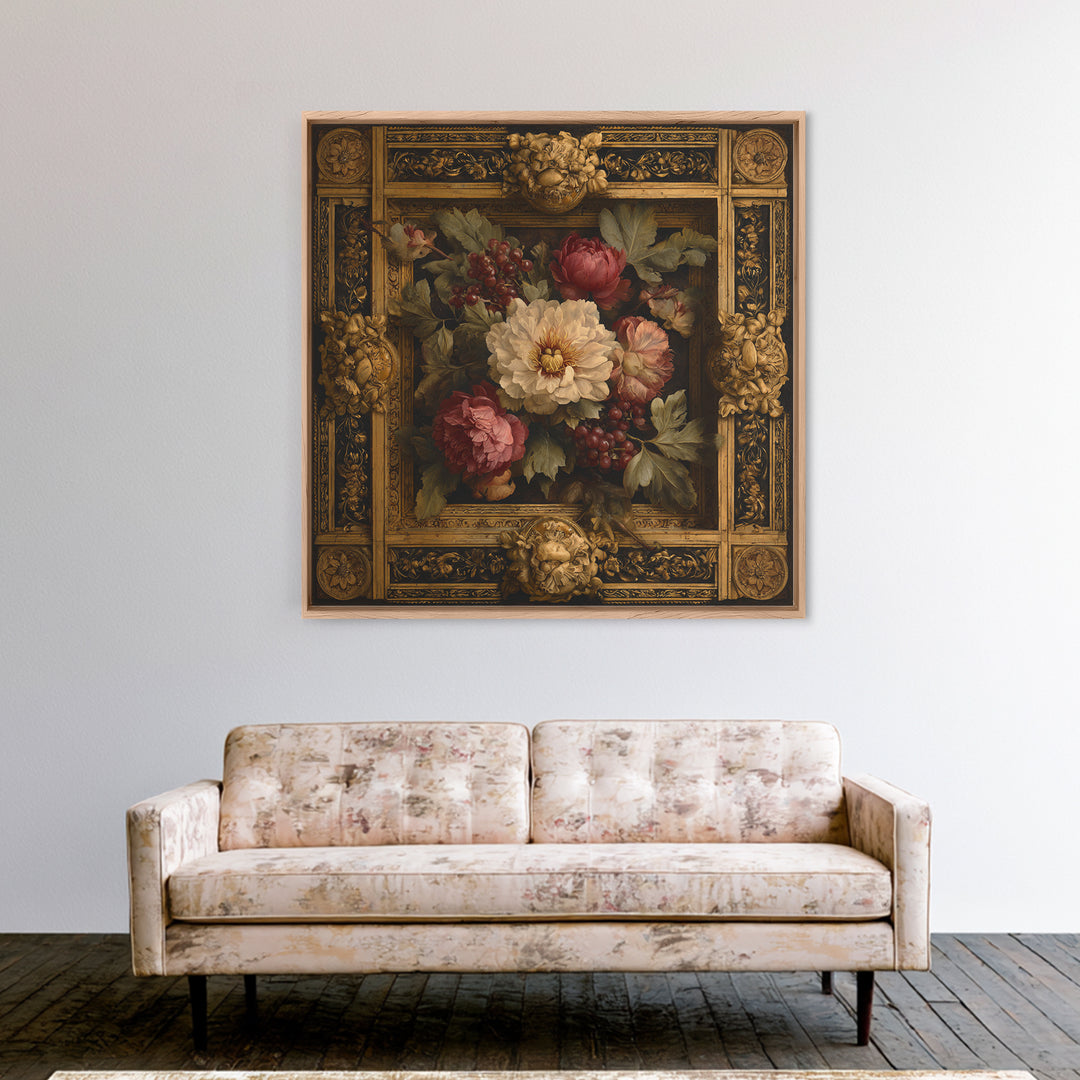 Ornate Gold Frame Illusion Around a Botanical Canvas Print, Baroque Art, Minimalist Wall Art, Living Room Decor, Ornate, BAO-1x1-9