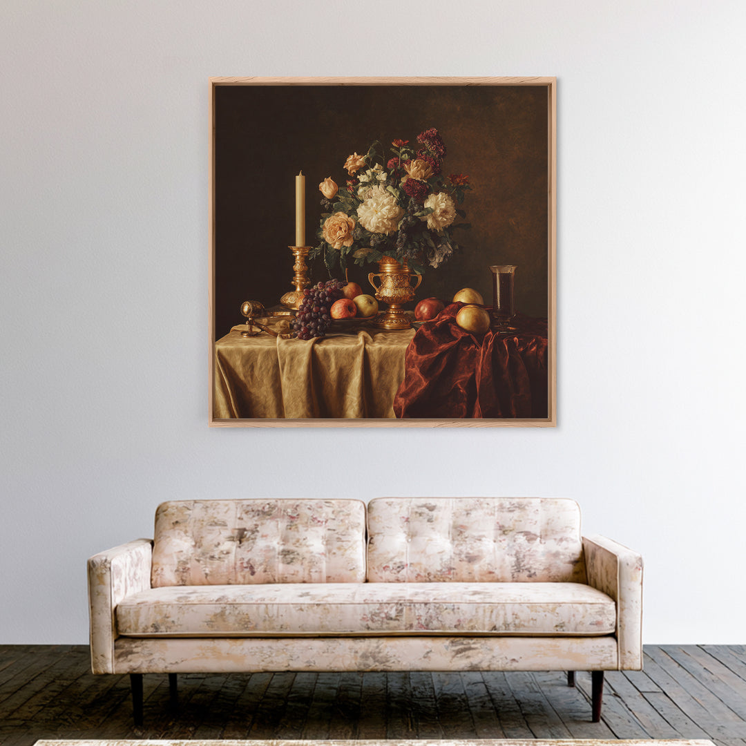 Golden Harp and Roses Canvas Print, Baroque Art, Portrait Painting, Living Room Decor, Fine Art, Ornate, Neutral Decor, BAO-1x1-90