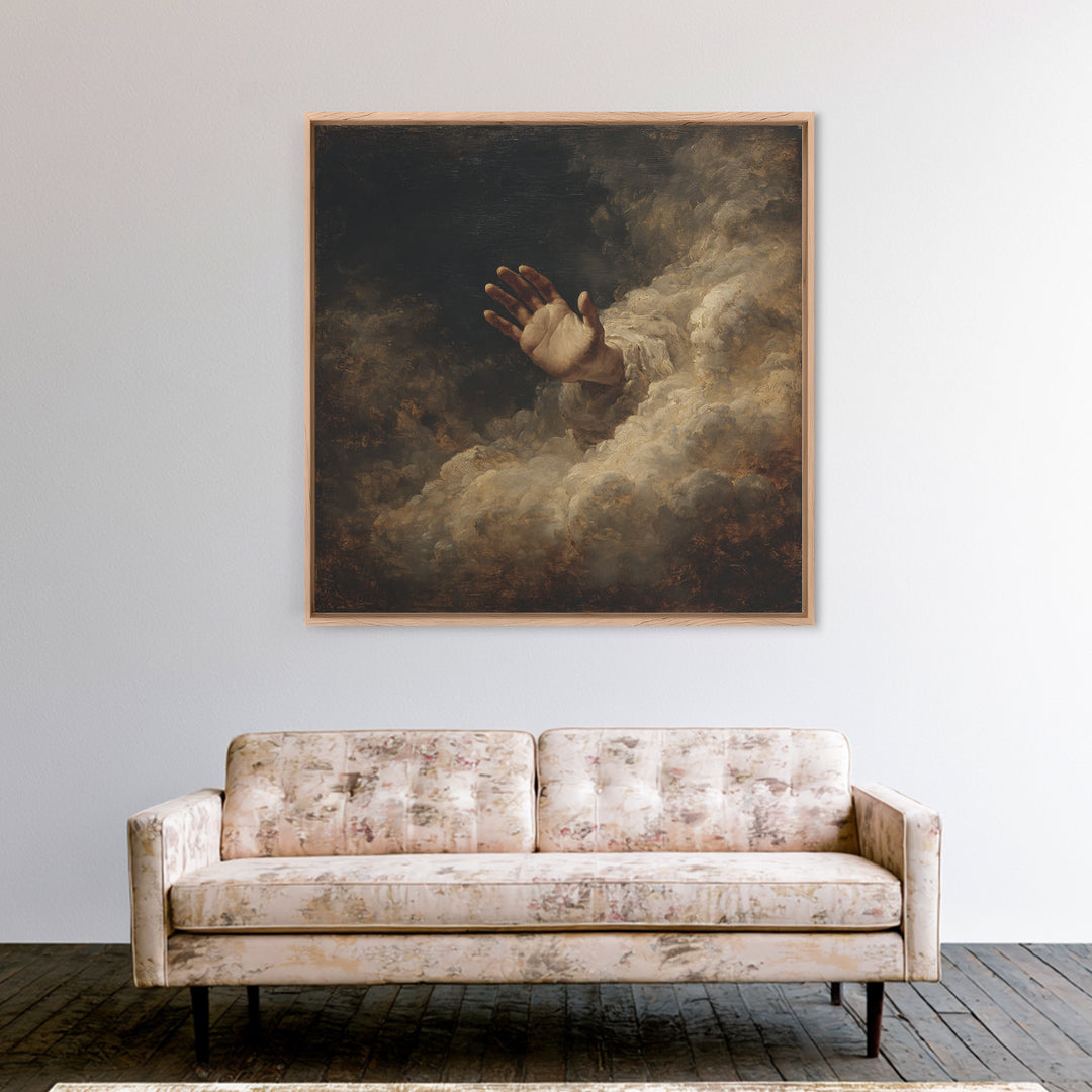 Angelic Hand Reaching Through Clouds Framed Canvas Print, Baroque Art, Maximalist Wall Art, Living Room Decor, Oil Painting, BAO-1x1-93