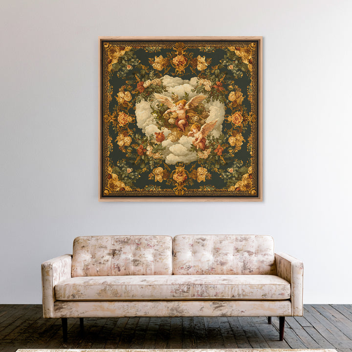 Ornate Cherub Figure Surrounded by Clouds and Canvas Print, Baroque Art, Art Nouveau Decor, Living Room Decor, Fine Art, Ornate, BAO-1x1-98