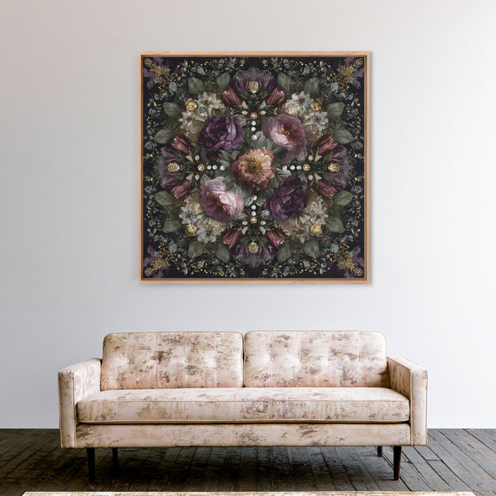 Velvet Drapery with Pearls Flowers and Candlelight Canvas Print, Baroque Art, Living Room Decor, Oil Painting, Ornate, BAO-1x1-99