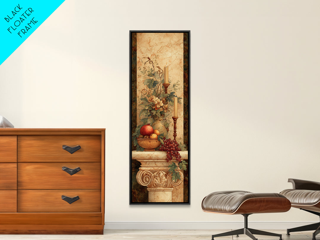 Pomegranate and Grapes on a Marble Ledge Framed Canvas Print, Baroque Art, Dark Academia Art, Living Room Decor, Ornate, BAO-1x3-20