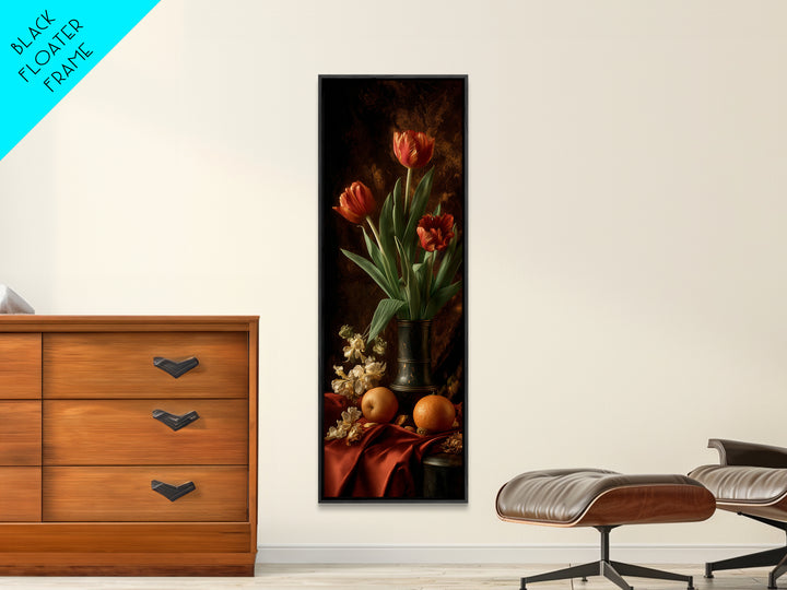 Black Background Tulips Framed Canvas Print, Baroque Art, Room Decor Aesthetic, Living Room Decor, Fine Art, Ornate, Home Decor, BAO-1x3-4