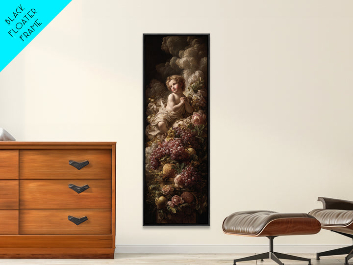 Ornate Cherub Figure Surrounded by Clouds and Framed Canvas Print, Baroque Art, Dark Academia Art, Living Room Decor, Ornate, BAO-1x3-62