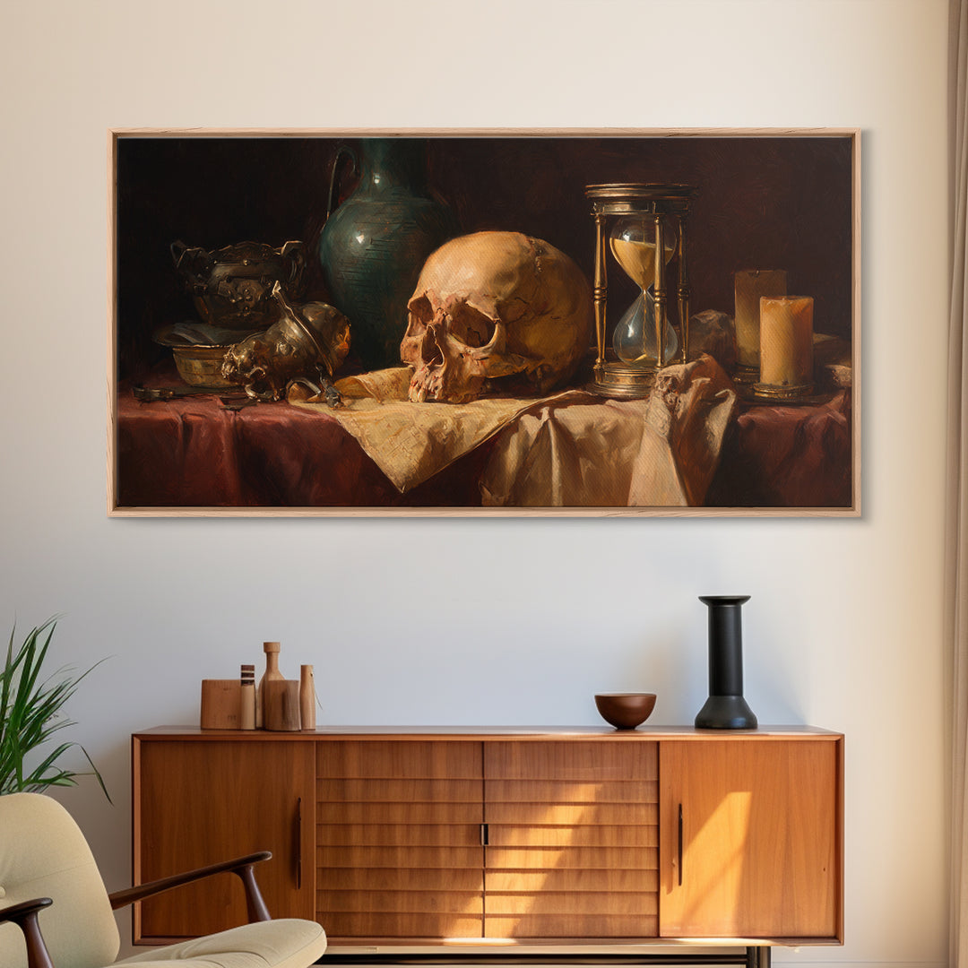 Skull and Hourglass Vanitas Still Life Framed Canvas Print, Baroque Art, Neutral Decor, Living Room Decor, Fine Art, Ornate, BAO-2x1-1