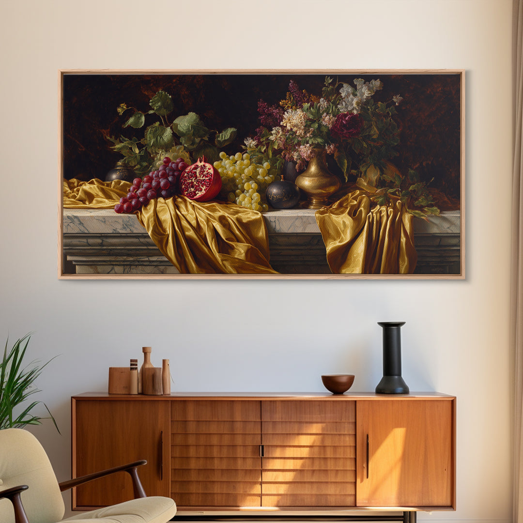 Pomegranate and Grapes on a Marble Ledge Framed Canvas Print, Baroque Art, Eclectic Wall Art, Living Room Decor, Ornate, BAO-2x1-100