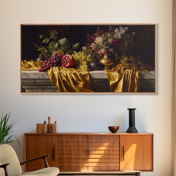 Pomegranate and Grapes on a Marble Ledge Framed Canvas Print, Baroque Art, Eclectic Wall Art, Living Room Decor, Ornate, BAO-2x1-100
