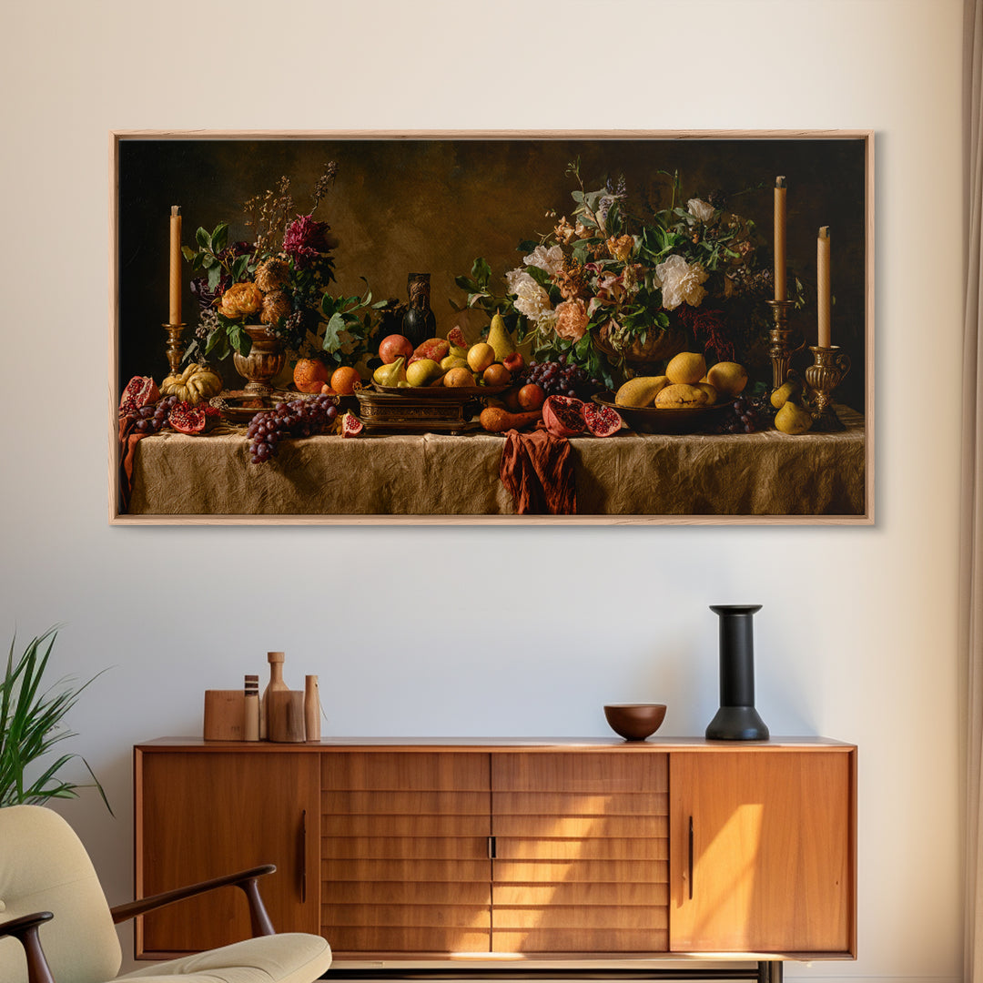 Lavish Banquet Fruit Composition Framed Canvas Print, Baroque Art, Neutral Decor, Living Room Decor, Fine Art, Ornate, BAO-2x1-16