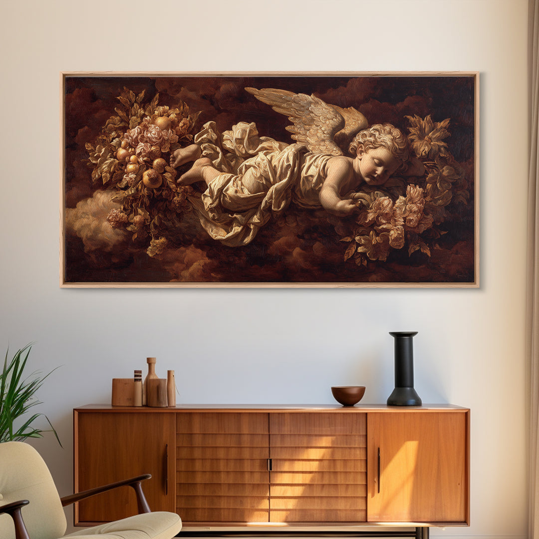 Ornate Cherub Figure Surrounded by Clouds and Canvas Print, Baroque Art, Art Nouveau Decor, Living Room Decor, Fine Art, Ornate, BAO-2x1-22