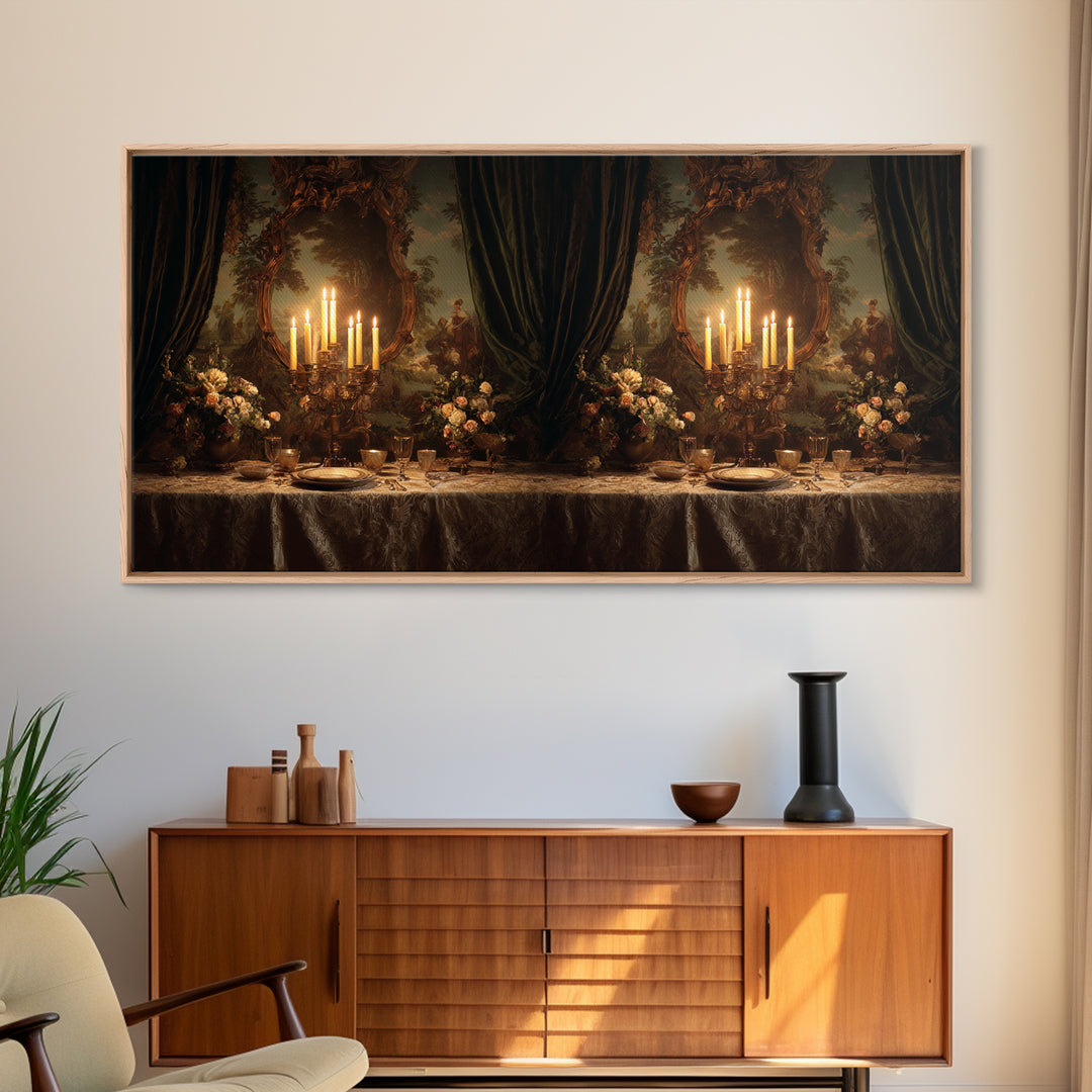 Velvet Drapery with Pearls Flowers and Candlelight Framed Canvas Print, Baroque Art, Wall Art, Living Room Decor, BAO-2x1-23