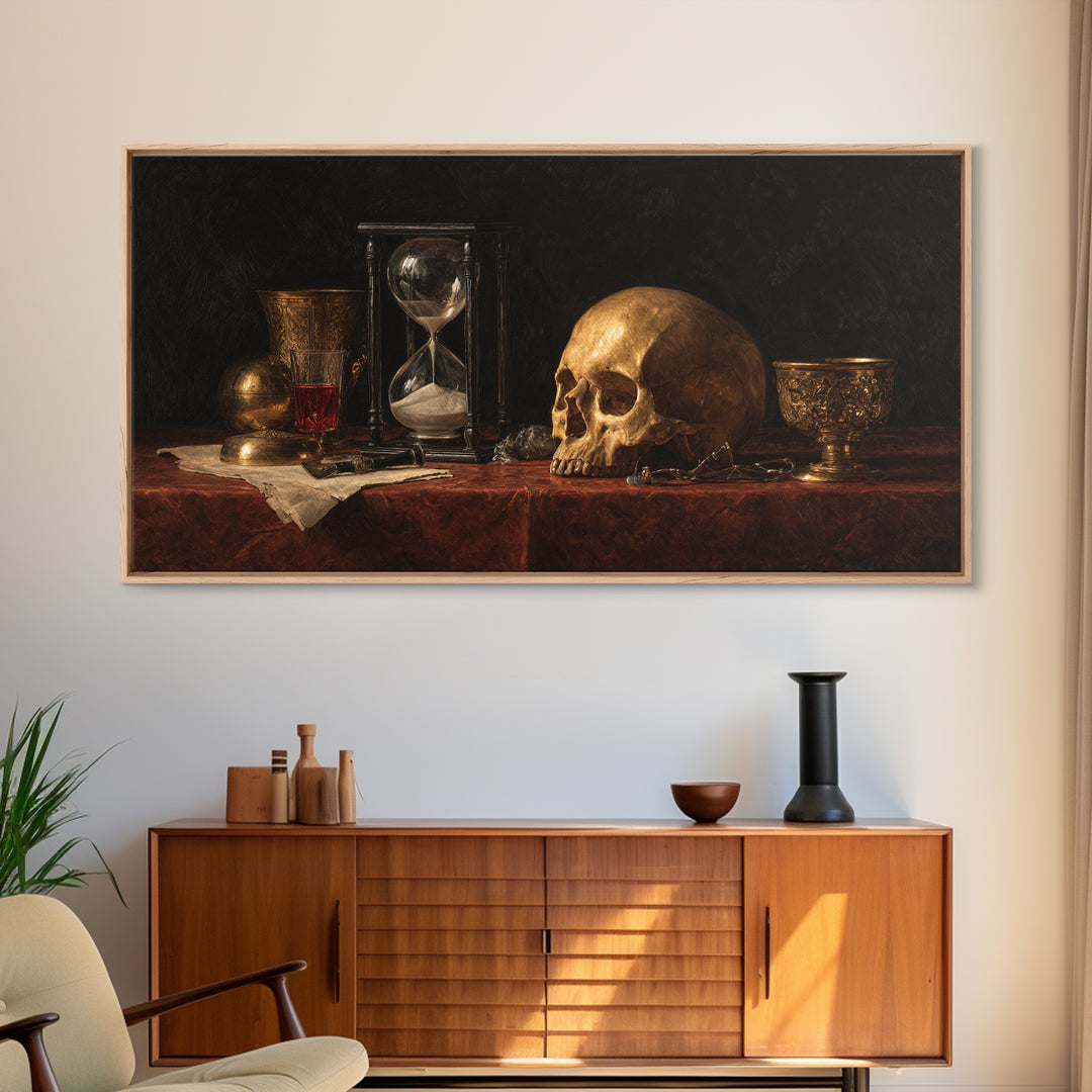 Skull and Hourglass Vanitas Still Life Framed Canvas Print, Baroque Art, Neutral Decor, Living Room Decor, Fine Art, Ornate, BAO-2x1-25