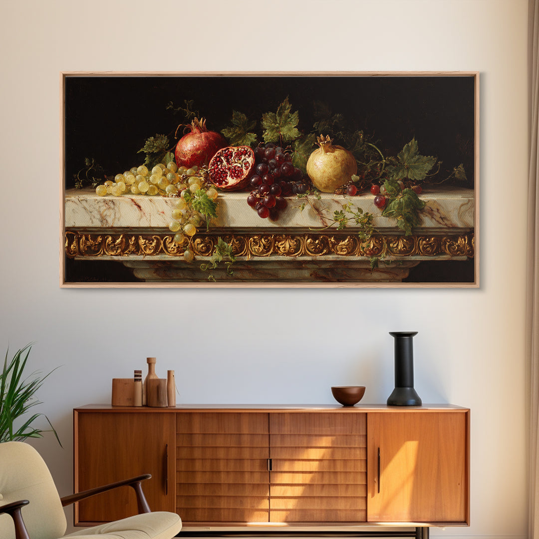Pomegranate and Grapes on a Marble Ledge Framed Canvas Print, Baroque Art, Textured Painting, Living Room Decor, Ornate, BAO-2x1-28