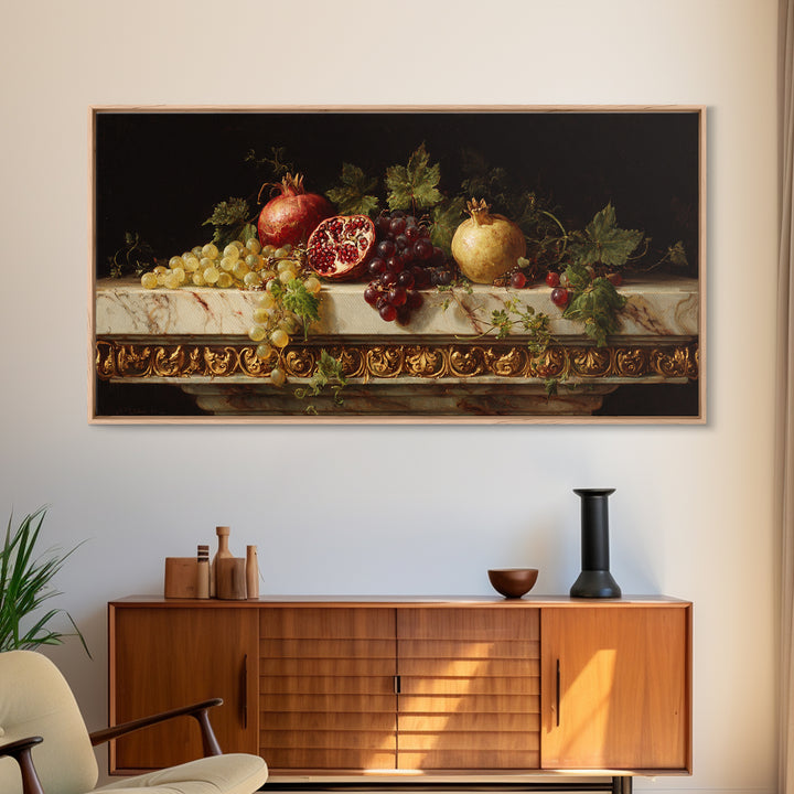 Pomegranate and Grapes on a Marble Ledge Framed Canvas Print, Baroque Art, Textured Painting, Living Room Decor, Ornate, BAO-2x1-28