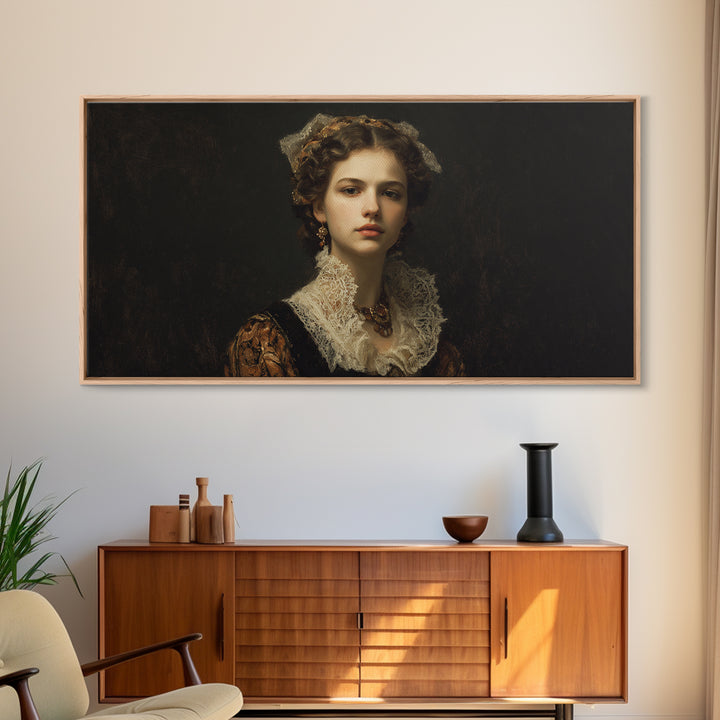 Classical Portrait with Lace Collar and Jewel Framed Canvas Print, Baroque Art, Oil Painting, Living Room Decor, Ornate, BAO-2x1-3