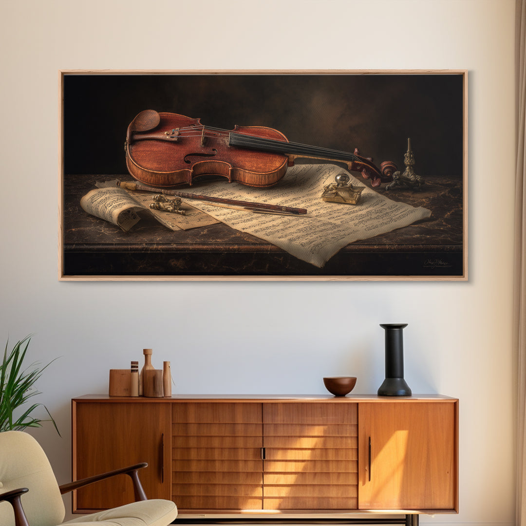 Baroque Violin and Sheet Music Still Life Canvas Print, Baroque Art, Art, Living Room Decor, Fine Art, Ornate, Modern Wall Art, BAO-2x1-31