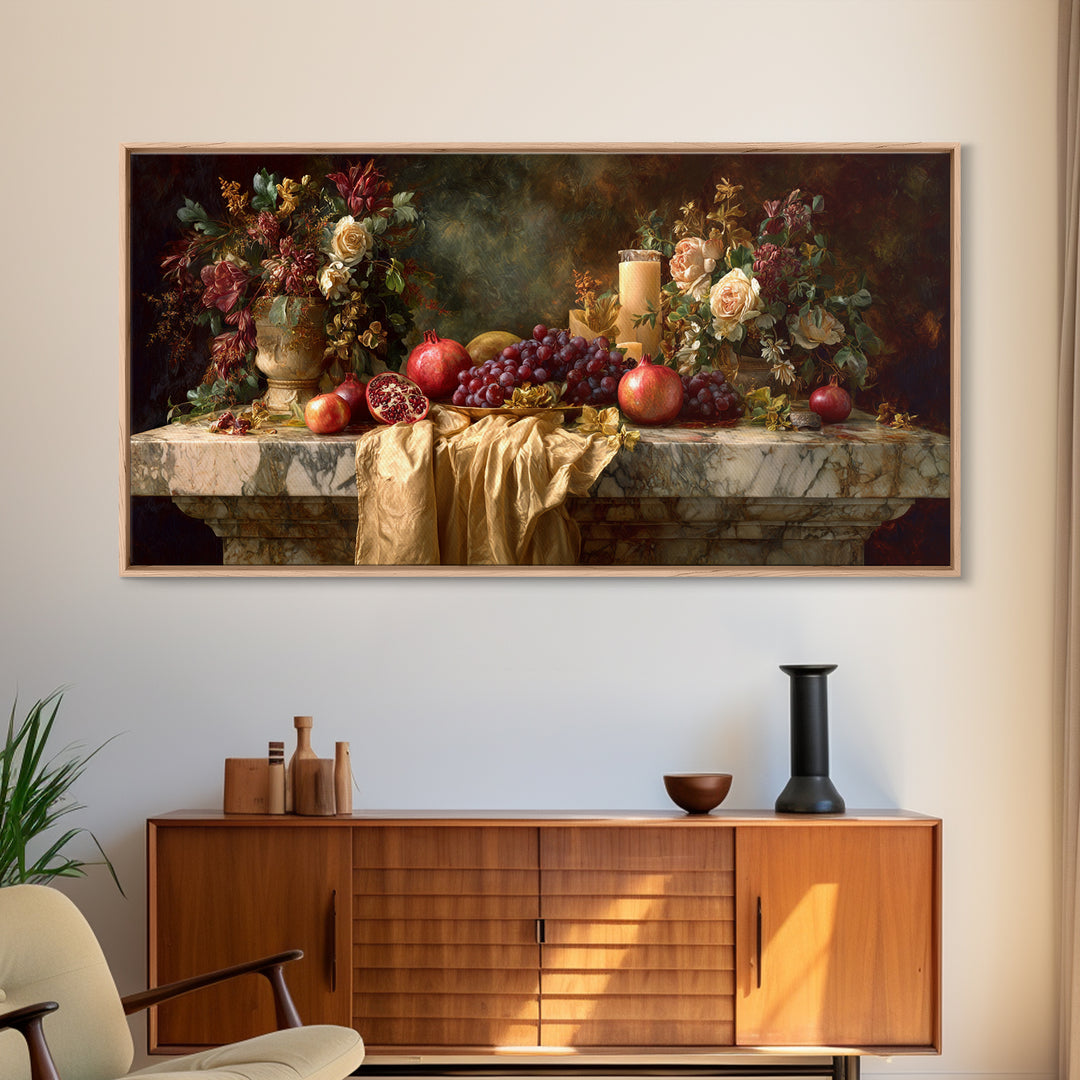 Pomegranate and Grapes on a Marble Ledge Canvas Print, Baroque Art, Statement Artwork, Living Room Decor, Fine Art, Ornate, BAO-2x1-4