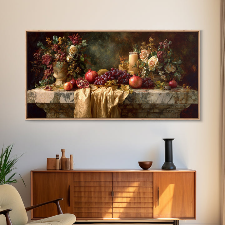 Pomegranate and Grapes on a Marble Ledge Canvas Print, Baroque Art, Statement Artwork, Living Room Decor, Fine Art, Ornate, BAO-2x1-4