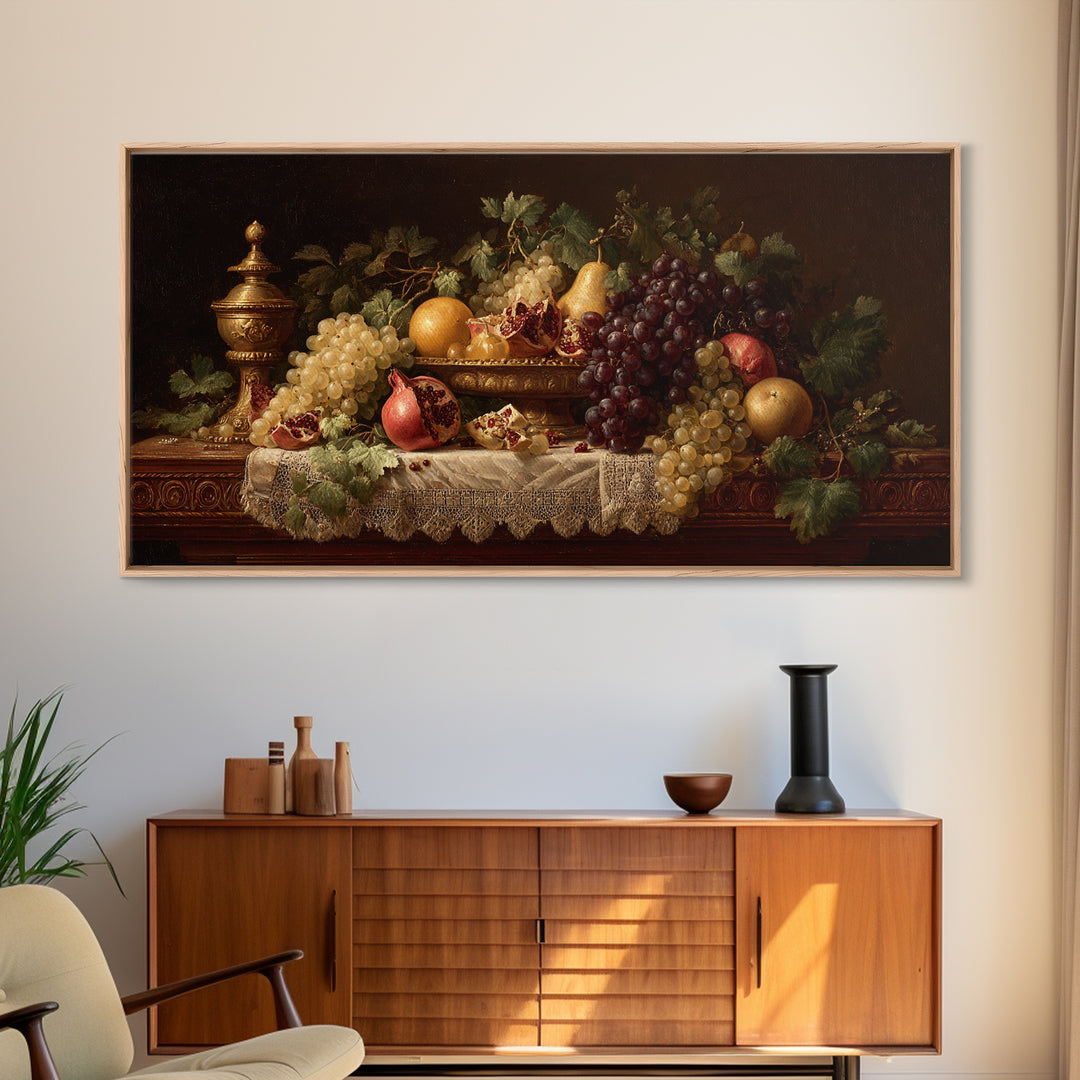 Lavish Banquet Fruit Composition Framed Canvas Print, Baroque Art, Contemporary Art, Living Room Decor, Fine Art, Ornate, BAO-2x1-40