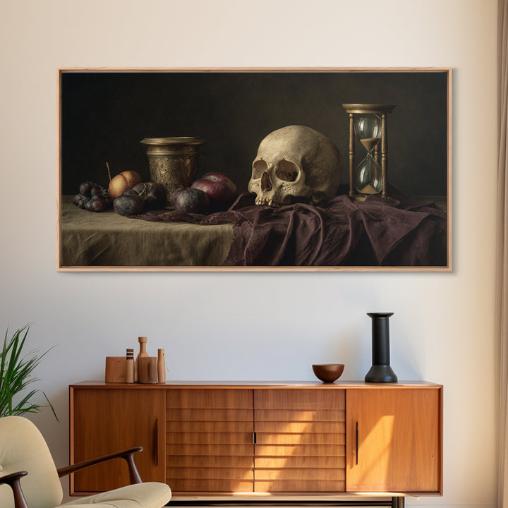Skull and Hourglass Vanitas Still Life Canvas Print, Baroque Art, Luxury Decor, Living Room Decor, Ornate, Oil Painting, BAO-2x1-49