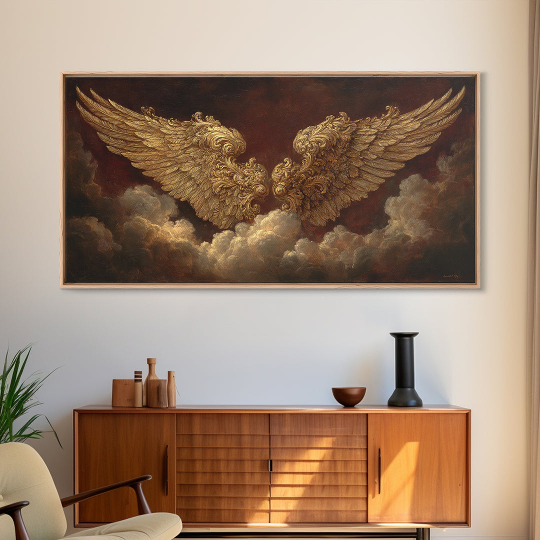 Gilded Angel Wings Emerging from Storm Clouds Framed Canvas Print, Baroque Art, Modern Decor, Living Room Decor, Ornate, BAO-2x1-50
