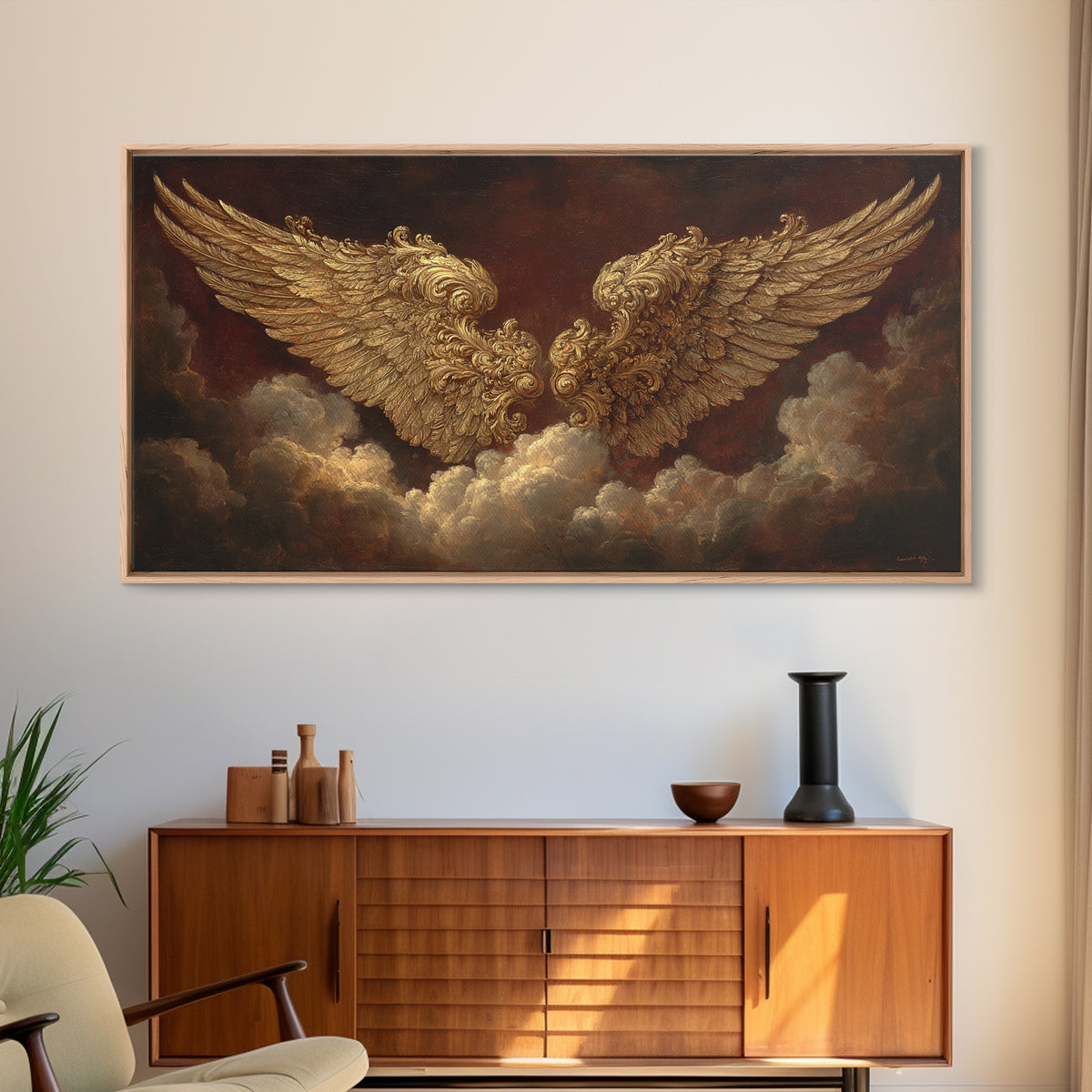 Gilded Angel Wings Emerging from Storm Clouds Framed Canvas Print, Baroque Art, Modern Decor, Living Room Decor, Ornate, BAO-2x1-50