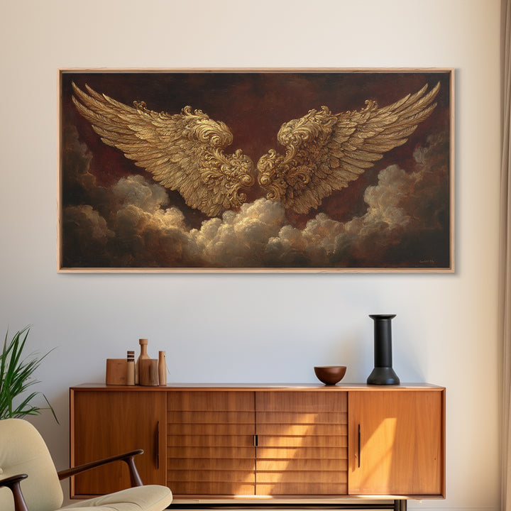 Gilded Angel Wings Emerging from Storm Clouds Framed Canvas Print, Baroque Art, Modern Decor, Living Room Decor, Ornate, BAO-2x1-50