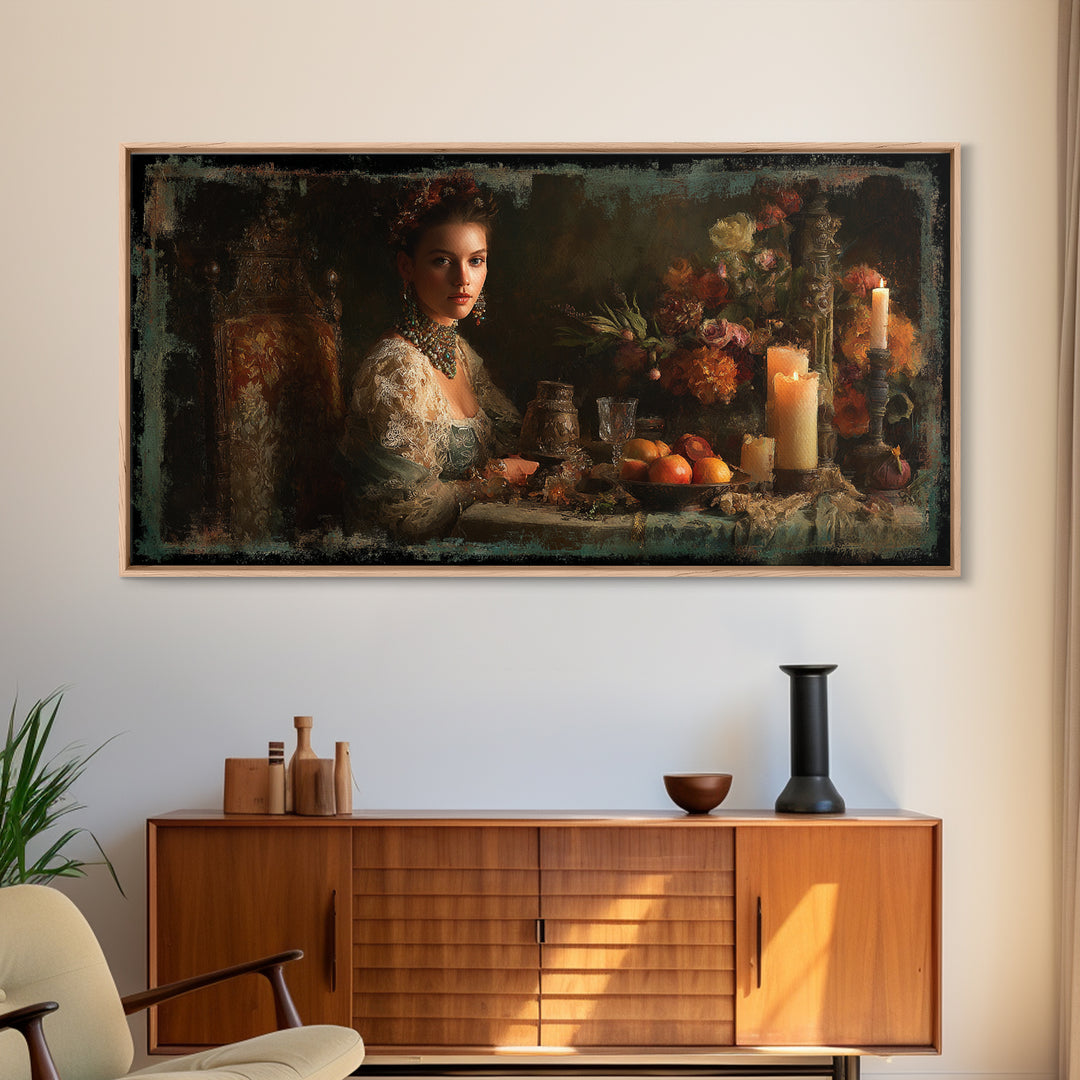 Classical Portrait with Lace Collar and Jewel Framed Canvas Print, Baroque Art, Oil Painting, Living Room Decor, Ornate, BAO-2x1-51