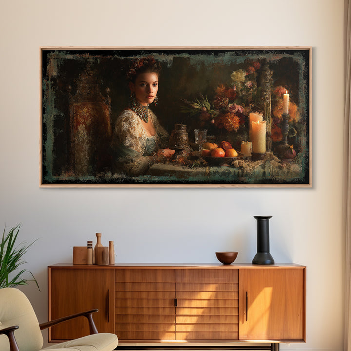 Classical Portrait with Lace Collar and Jewel Framed Canvas Print, Baroque Art, Oil Painting, Living Room Decor, Ornate, BAO-2x1-51
