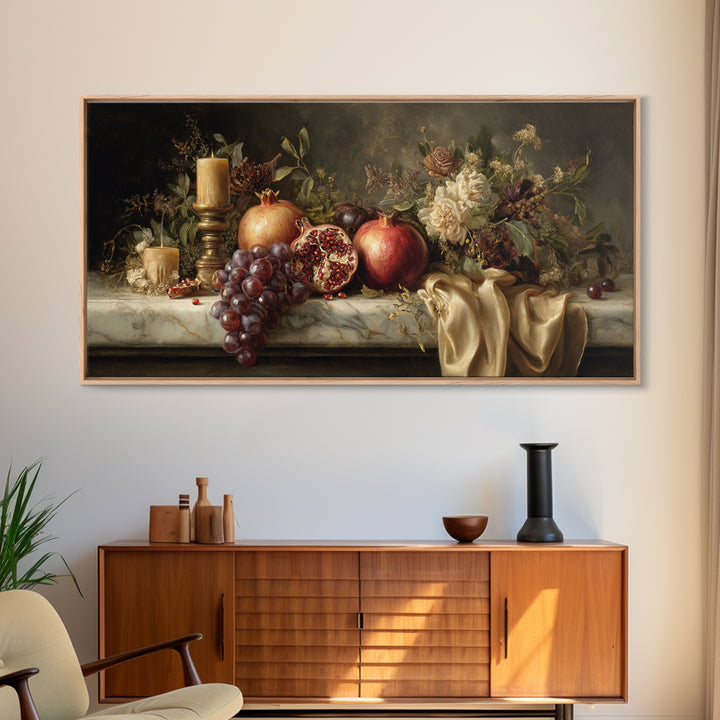 Pomegranate and Grapes on a Marble Ledge Canvas Print, Baroque Art, Art, Living Room Decor, Fine Art, Ornate, Modern Wall Art, BAO-2x1-52