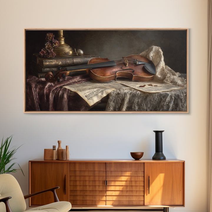 Baroque Violin and Sheet Music Still Life Framed Canvas Print, Baroque Art, Digital Wall Art, Living Room Decor, Ornate, BAO-2x1-55