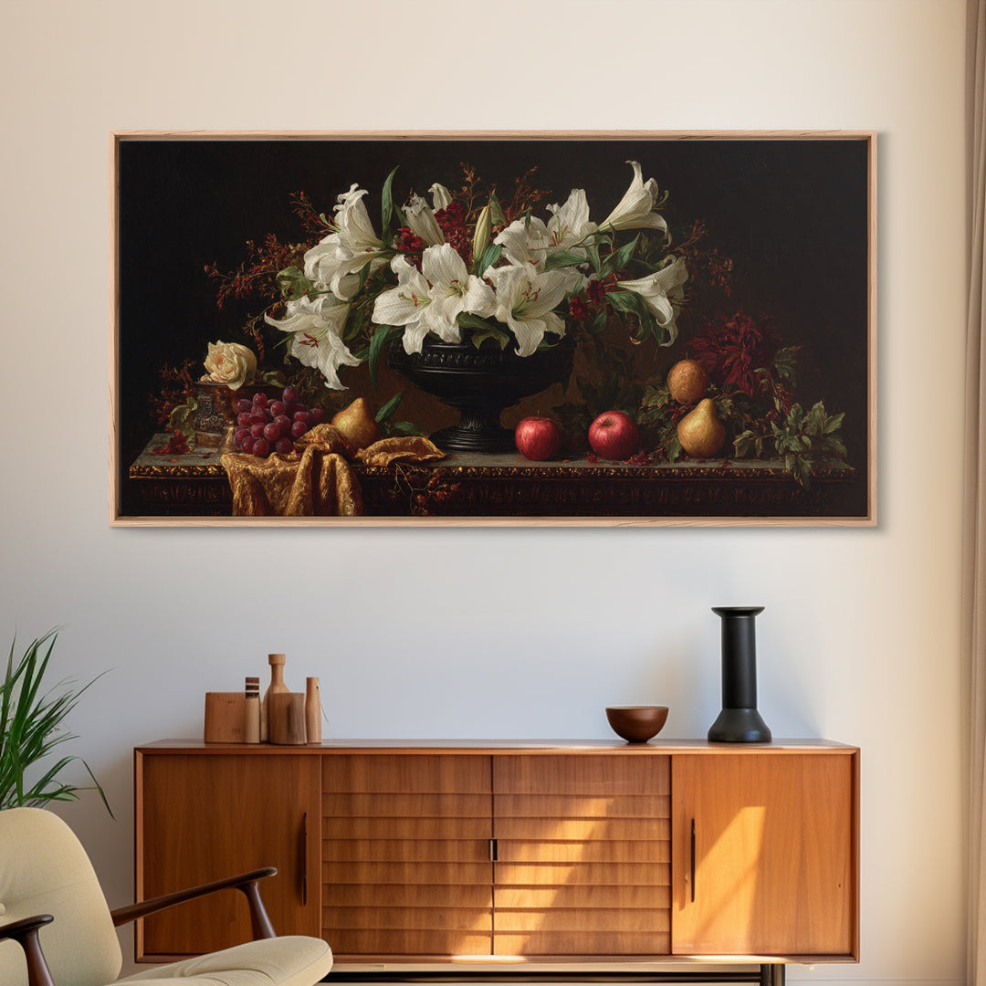 Dramatic White Lilies Framed Canvas Print, Baroque Art, Painting, Living Room Decor, Fine Art, Ornate, Living Room Wall Art, BAO-2x1-56