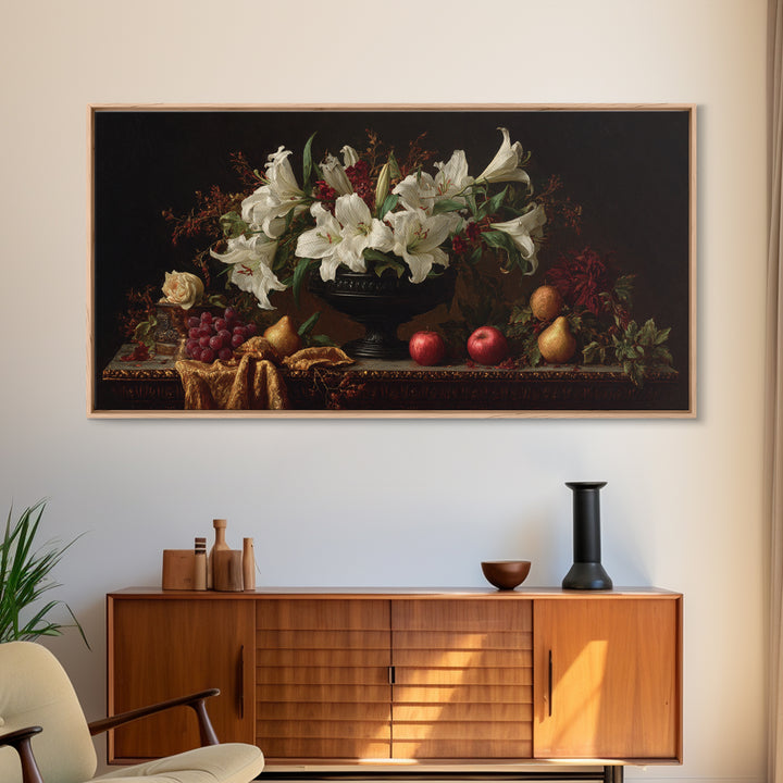 Dramatic White Lilies Framed Canvas Print, Baroque Art, Painting, Living Room Decor, Fine Art, Ornate, Living Room Wall Art, BAO-2x1-56