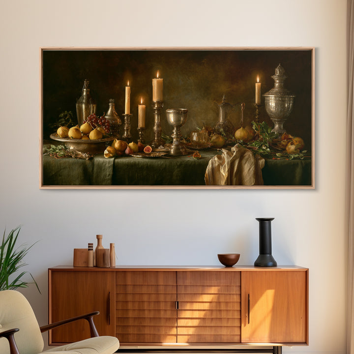 Candlelit Table with Silver Goblet and Figs Canvas Print, Baroque Art, Fine Art Print, Living Room Decor, Fine Art, Ornate, BAO-2x1-57