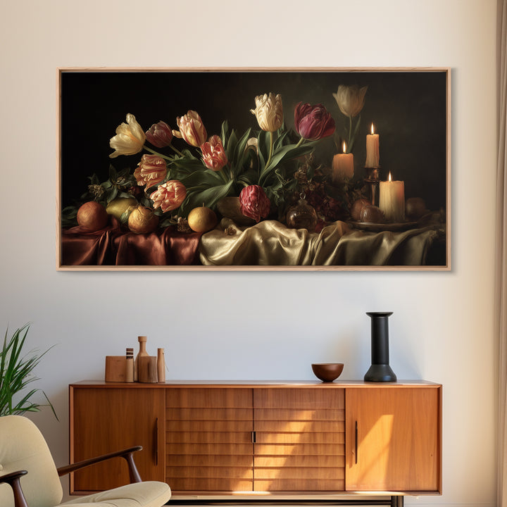 Black Background Tulips Framed Canvas Print, Baroque Art, Decor, Living Room Decor, Oil Painting, Ornate, Moody Wall Art, BAO-2x1-60