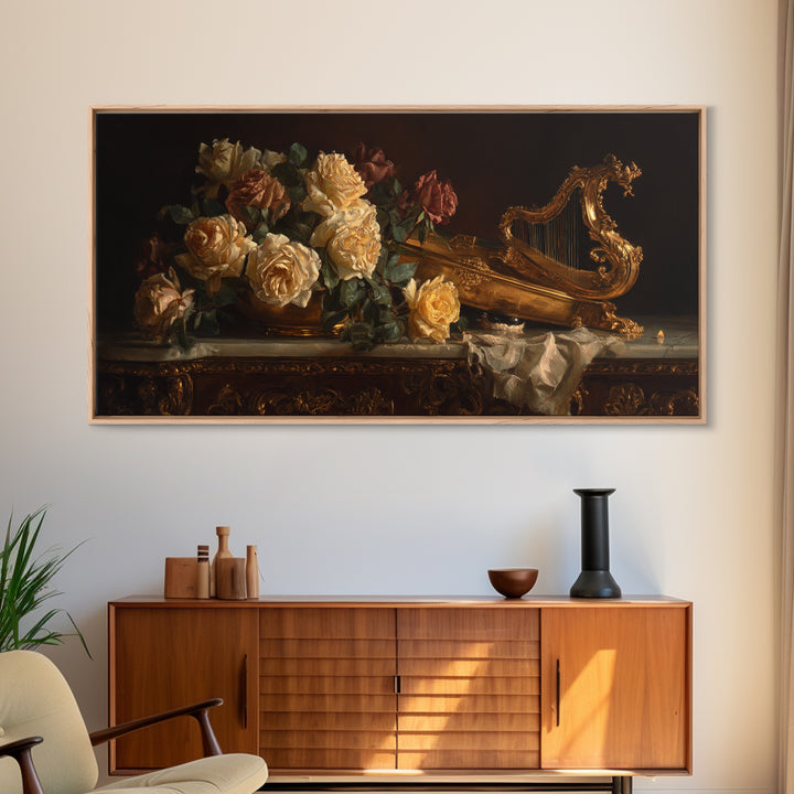 Golden Harp and Roses Canvas Print, Baroque Art, Gallery Decor, Living Room Decor, Oil Painting, Ornate, Minimalist Decor, BAO-2x1-62