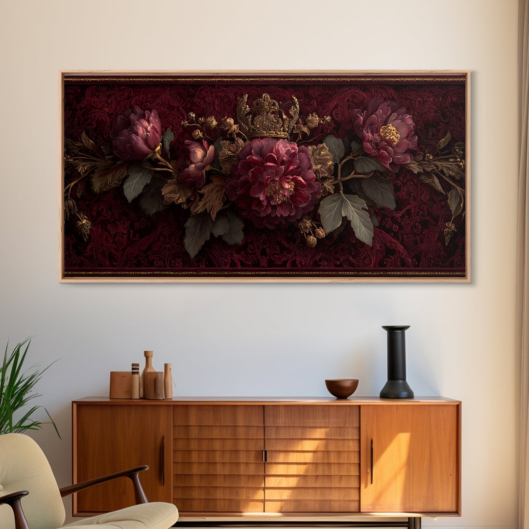 Dark Red Velvet Framed Canvas Print, Baroque Art, Dark Academia Art, Living Room Decor, Fine Art, Ornate, Modern Decor, BAO-2x1-67