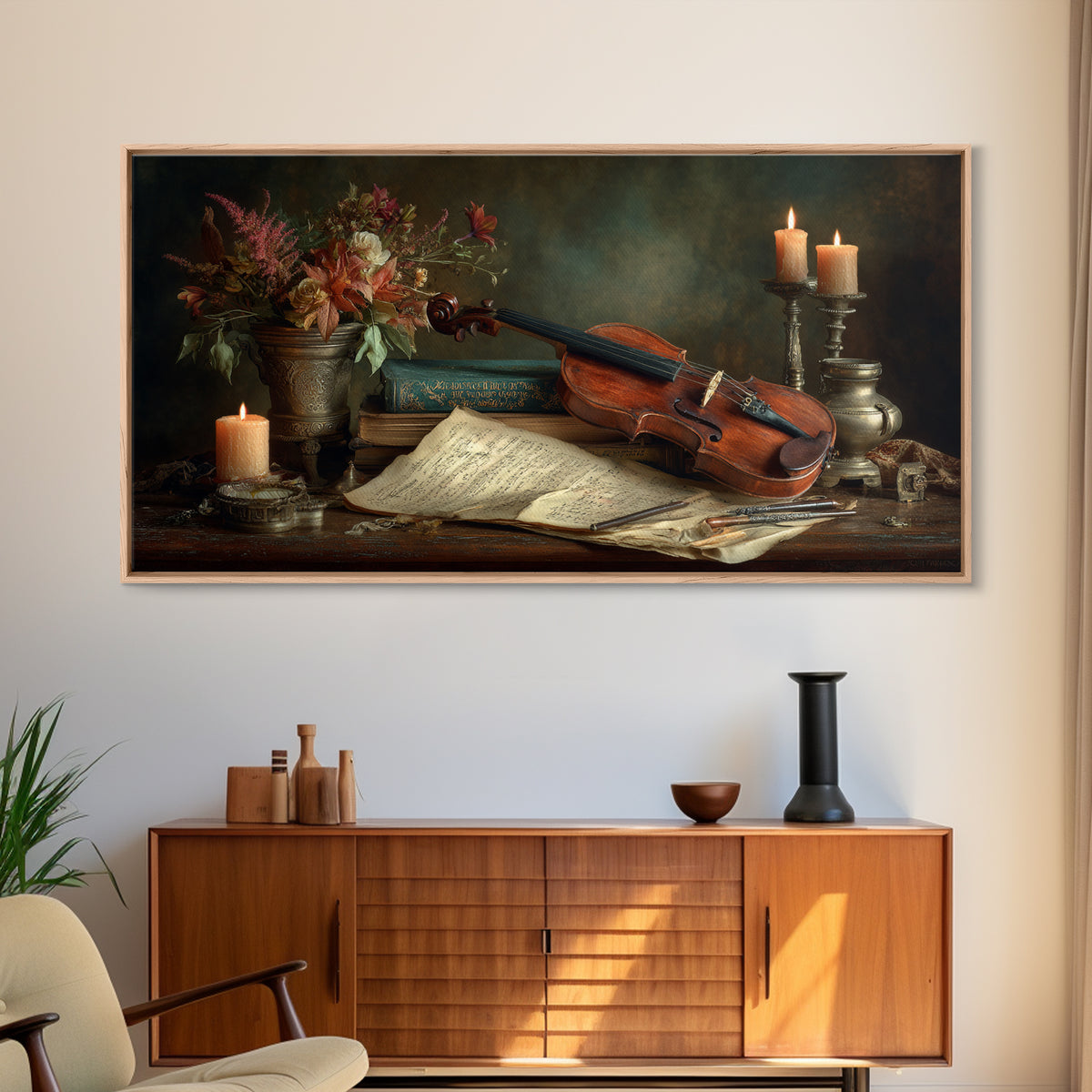 Baroque Violin and Sheet Music Still Life Framed Canvas Print, Baroque Art, Textured Painting, Living Room Decor, Ornate, BAO-2x1-7
