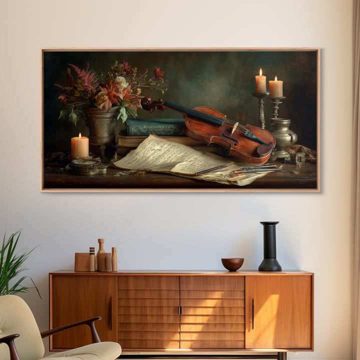 Baroque Violin and Sheet Music Still Life Framed Canvas Print, Baroque Art, Textured Painting, Living Room Decor, Ornate, BAO-2x1-7