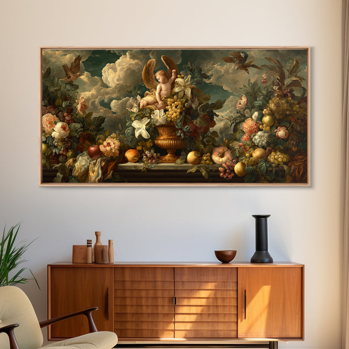 Ornate Cherub Figure Surrounded by Clouds and Canvas Print, Baroque Art, Luxury Decor, Living Room Decor, Fine Art, Ornate, BAO-2x1-70