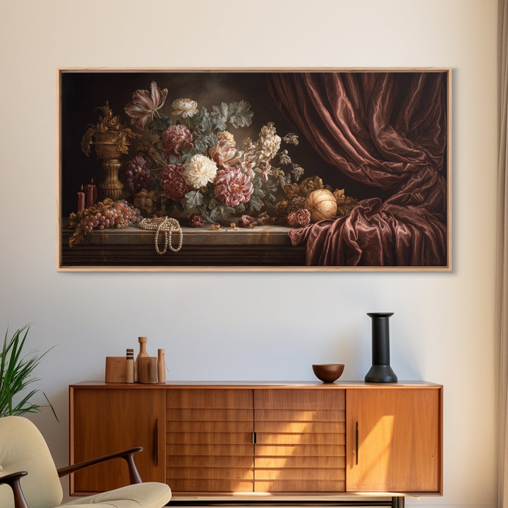 Velvet Drapery with Pearls Flowers and Candlelight Canvas Print, Baroque Art, Minimalist Wall Art, Living Room Decor, Ornate, BAO-2x1-71
