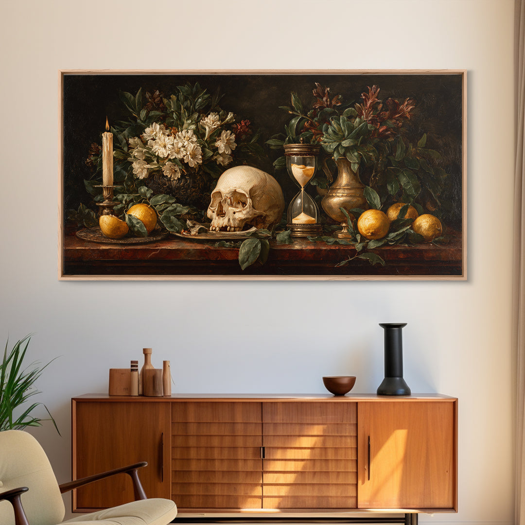 Skull and Hourglass Vanitas Still Life Canvas Print, Baroque Art, Luxury Decor, Living Room Decor, Ornate, Oil Painting, BAO-2x1-73
