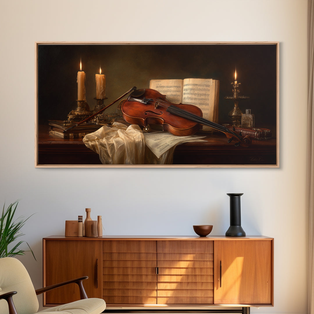 Baroque Violin and Sheet Music Still Life Framed Canvas Print, Baroque Art, Eclectic Wall Art, Living Room Decor, Ornate, BAO-2x1-79