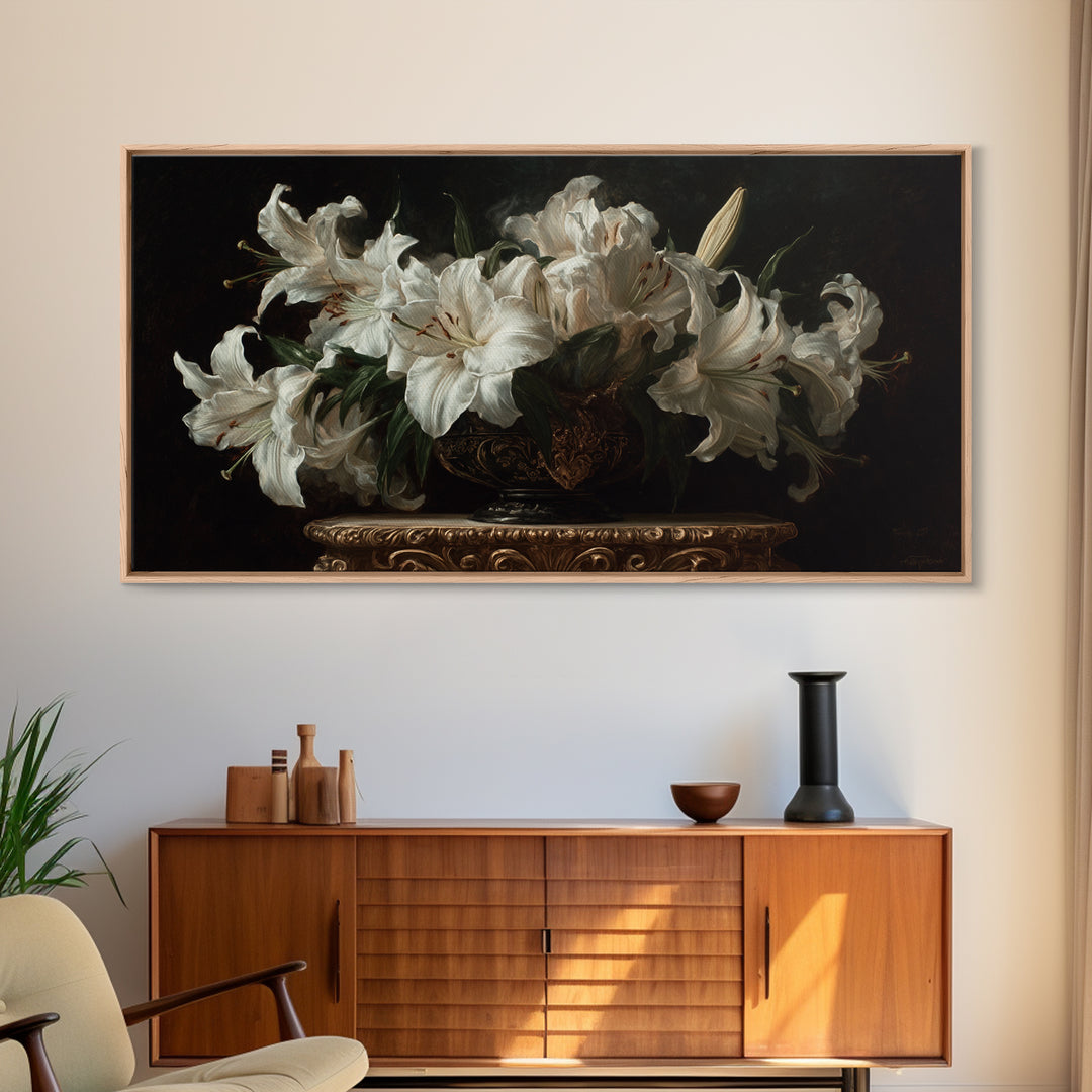 Dramatic White Lilies Framed Canvas Print, Baroque Art, Modern Wall Art, Living Room Decor, Fine Art, Ornate, Feminist Art, BAO-2x1-80