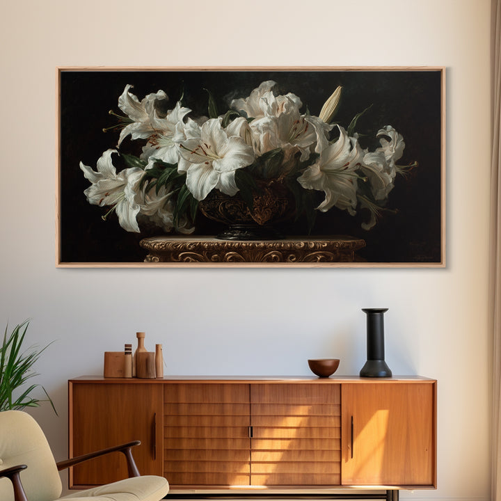 Dramatic White Lilies Framed Canvas Print, Baroque Art, Modern Wall Art, Living Room Decor, Fine Art, Ornate, Feminist Art, BAO-2x1-80