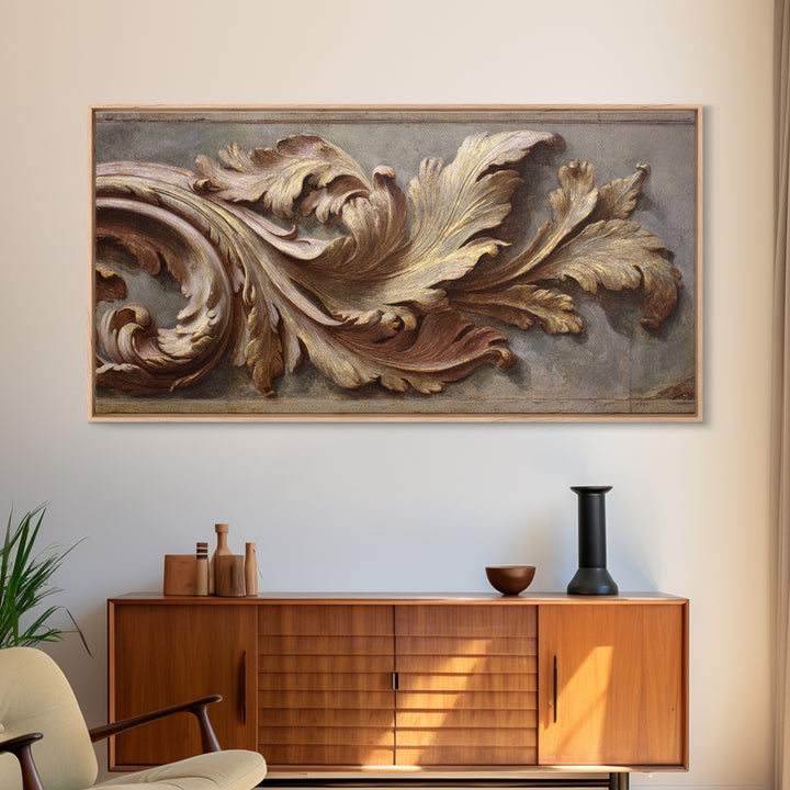Carved Acanthus Leaf Ornament Study Framed Canvas Print, Baroque Art, Boho Decor, Living Room Decor, Oil Painting, Ornate, BAO-2x1-83
