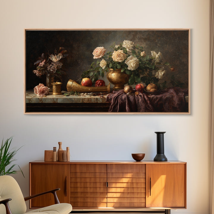 Golden Harp and Roses Framed Canvas Print, Baroque Art, Boho Decor, Living Room Decor, Fine Art, Ornate, Printable Wall Art, BAO-2x1-86