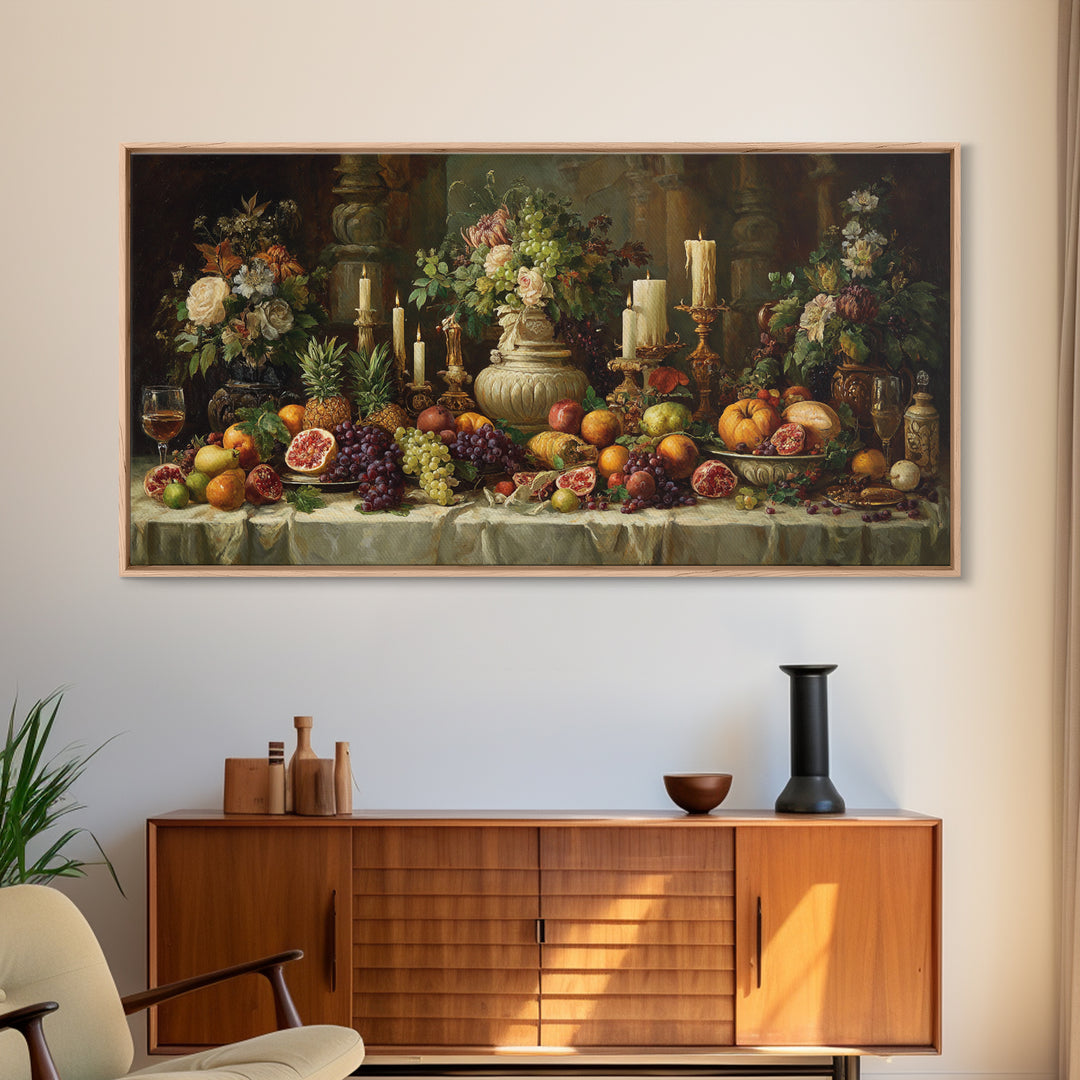 Lavish Banquet Fruit Composition Framed Canvas Print, Baroque Art, Whimsical Decor, Living Room Decor, Fine Art, Ornate, BAO-2x1-88