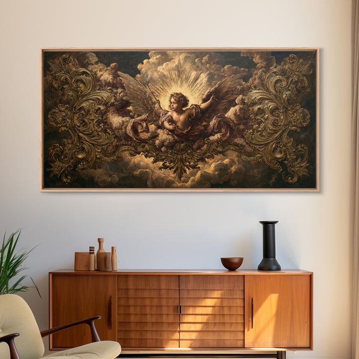 Ornate Cherub Figure Surrounded by Clouds and Canvas Print, Baroque Art, Luxury Decor, Living Room Decor, Fine Art, Ornate, BAO-2x1-94