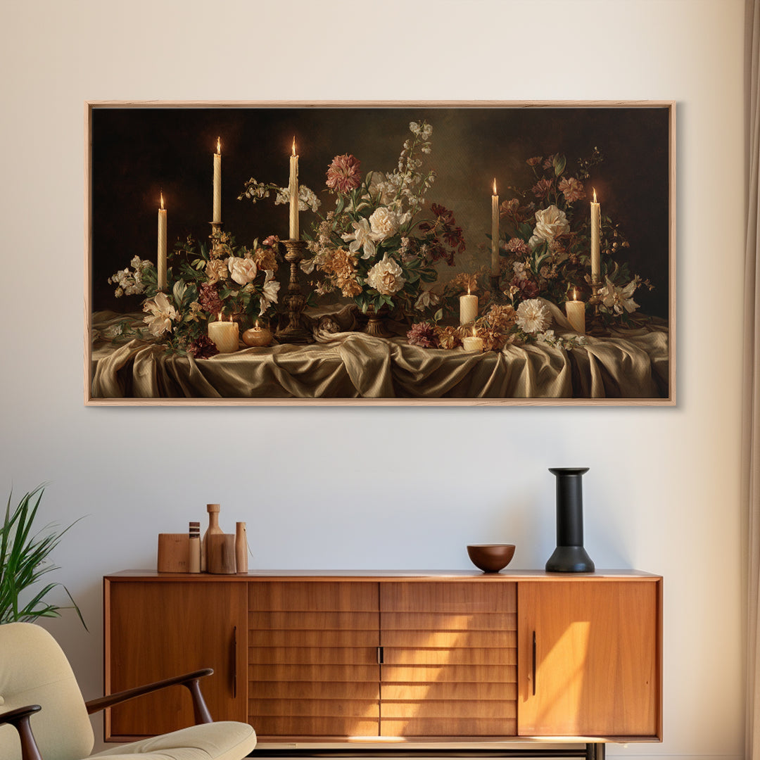 Velvet Drapery with Pearls Flowers and Candlelight Canvas Print, Baroque Art, Maximalist Decor, Living Room Decor, Ornate, BAO-2x1-95