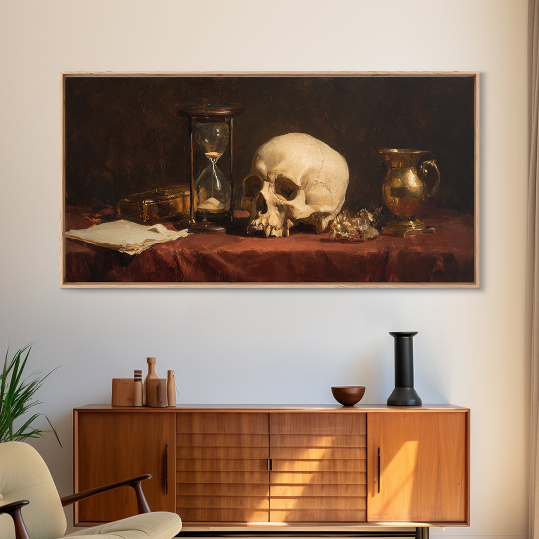 Skull and Hourglass Vanitas Still Life Framed Canvas Print, Baroque Art, Contemporary Art, Living Room Decor, Fine Art, Ornate, BAO-2x1-97